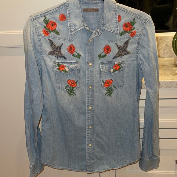 MOTHER The All My Exes Embroidered Denim Shirt Love in an English Garden Small - Picture 4 of 9